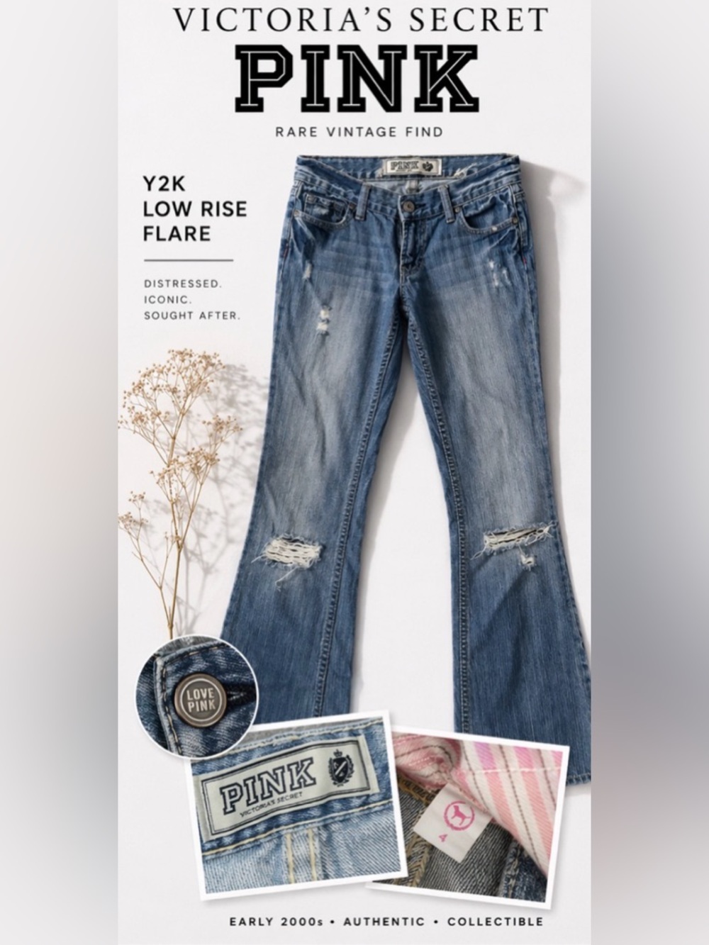Victoria’s Secret PINK Y2K Low Rise Flare Jeans Distressed Wide Leg Vintage, 4 - Picture 12 of 13
